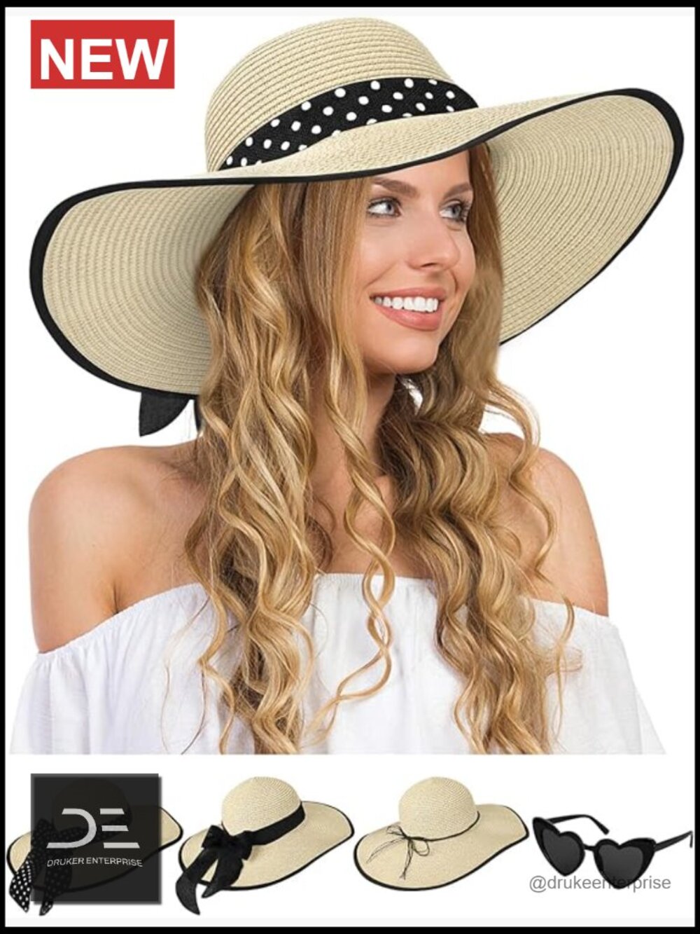 Wide Brim Floppy Straw Sun Hat with Sunglasses and Bows Set